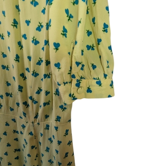 NWOT M&S Printed V-Neck Puff Sleeve Midi Tea Dress Yellow Blue - Picture 6 of 12